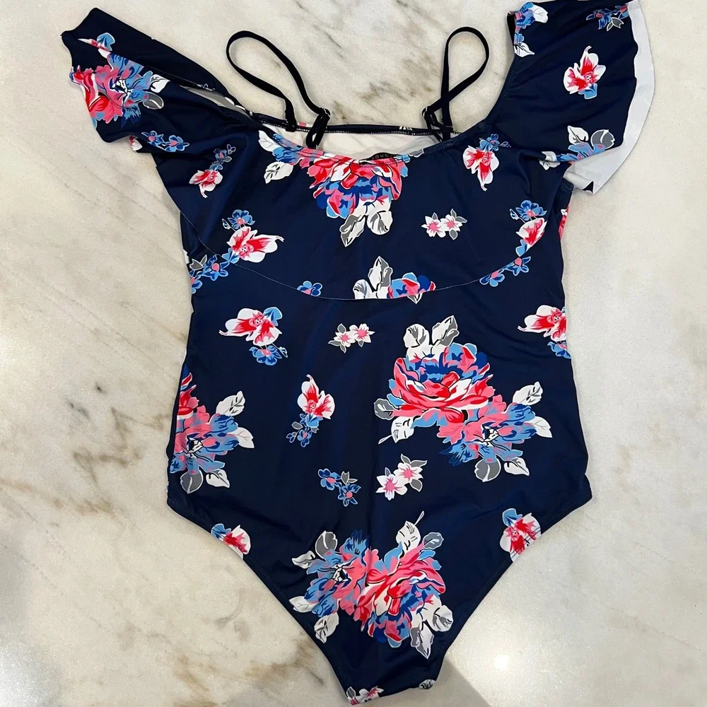 NWOT Floral Off-Shoulder‎ Swimsuit XL One-Piece Bathing Suit Navy